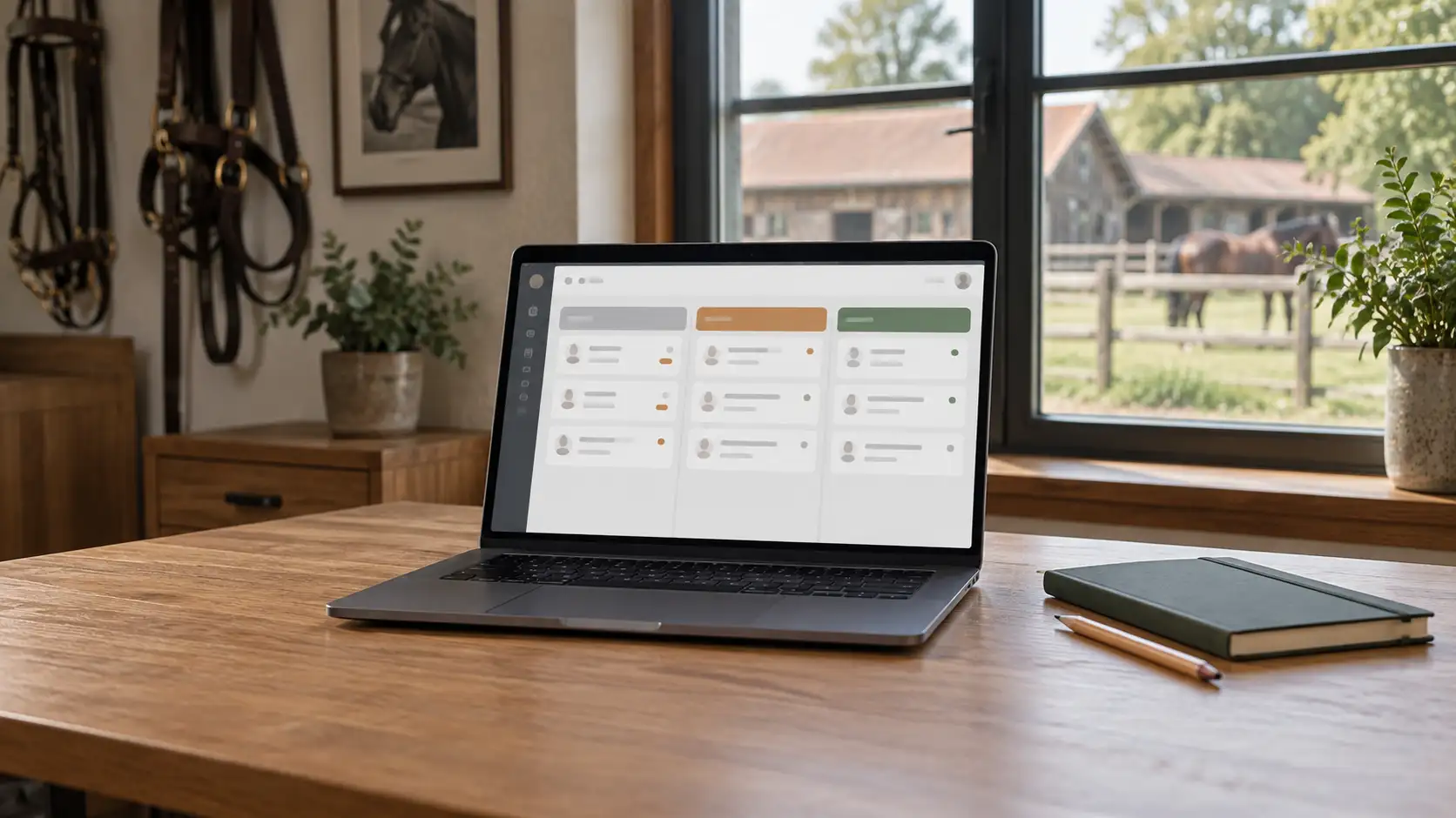Laptop mit schematischer Vorgangsübersicht auf einem Schreibtisch mit Blick auf Stall und Paddock