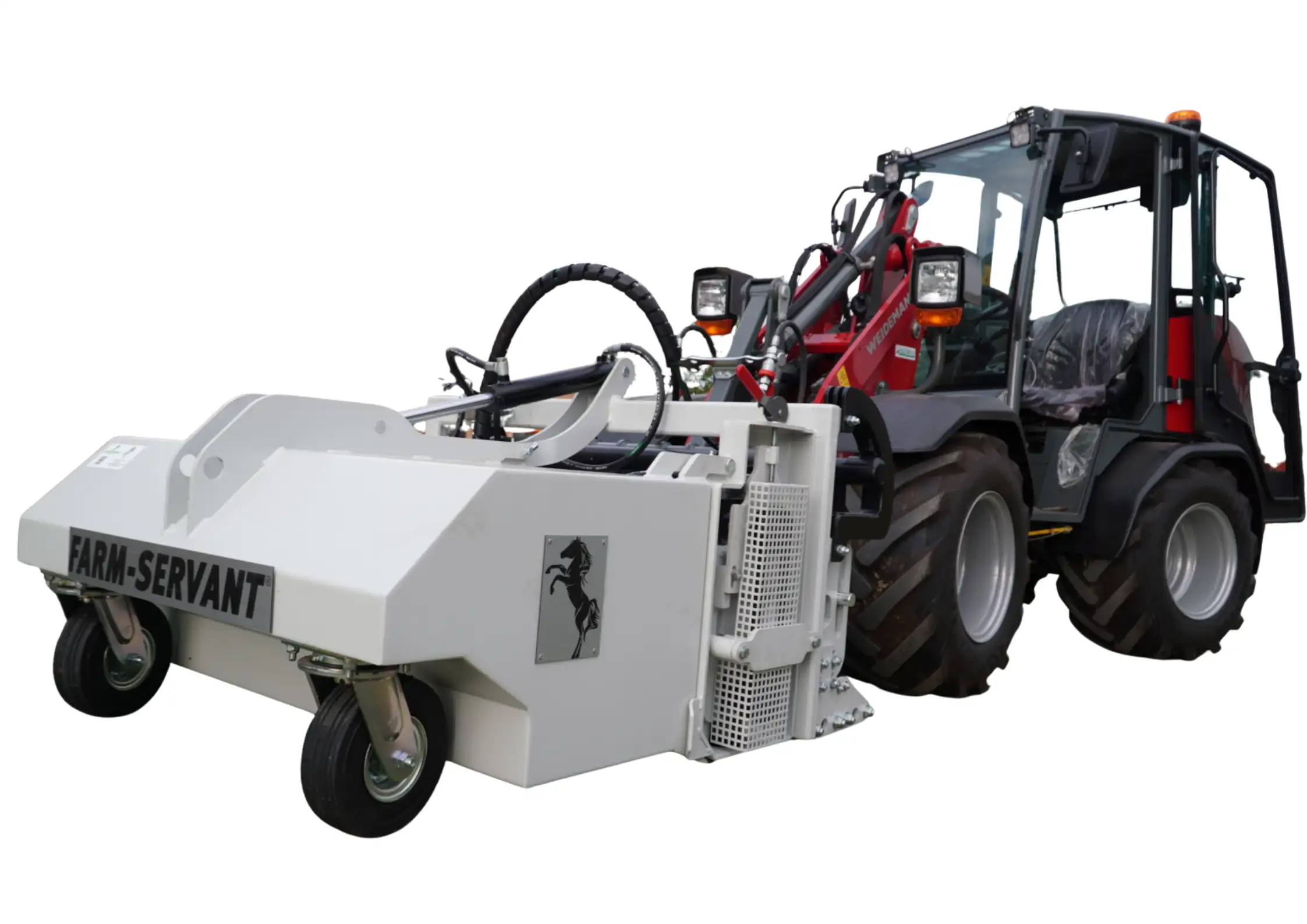 Weißes FARM-SERVANT FS130FA SCOUT Abmistgerät an einem roten Weidemann-Hoflader