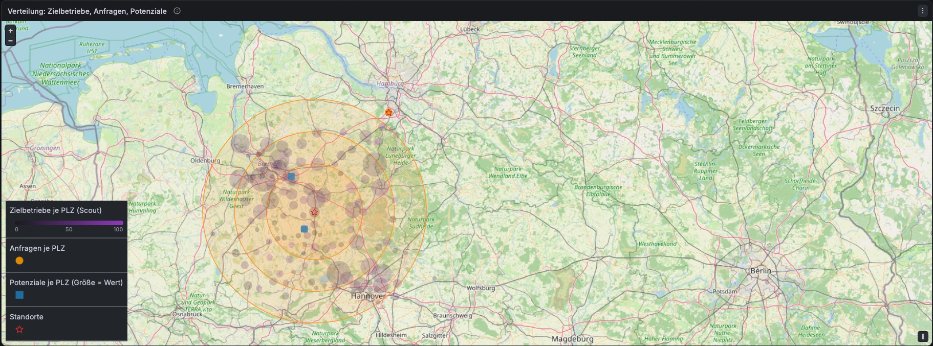 Gebietskarte Norddeutschlands mit Zielbetrieben je Postleitzahl und den Entfernungsringen um den Vorführstandort