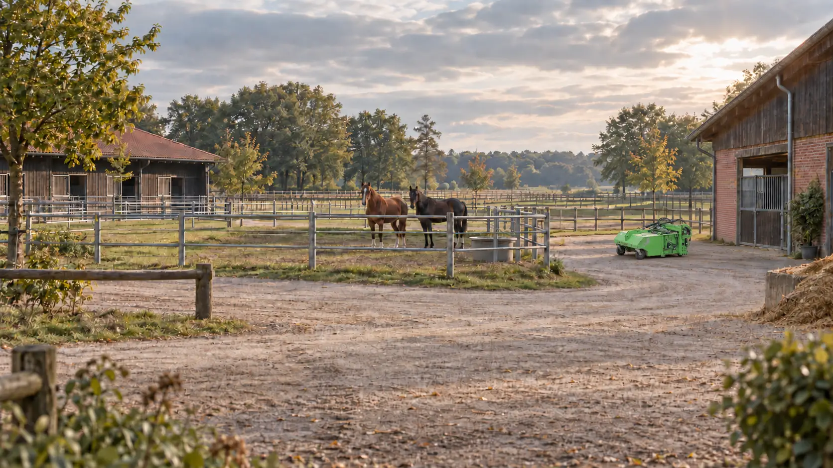 Pferdebetrieb mit zwei Pferden im Paddock und einem abgestellten grünen FARM-SERVANT ECO Abmistgerät vor dem Stall